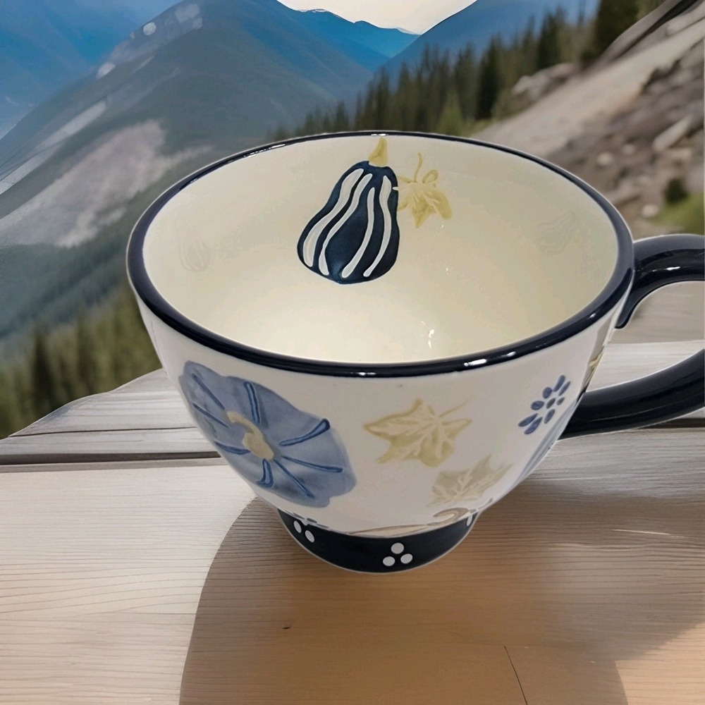 Potter's Studio Squash‎ Theme Floral Fall Blue Ceramic Coffee Mug Wit Handle